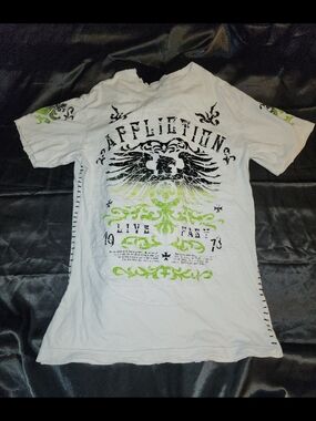Affliction Live Fast Eagle Graphic Tee White Green Distressed Biker Y2K USA